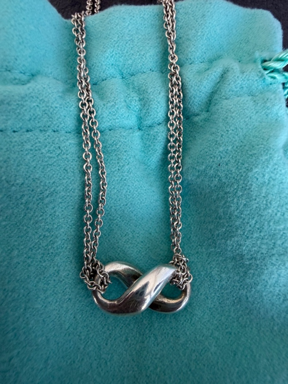 Tiffany & Co. Sterling Silver Infinity Double Chain Pendant Necklace 16” w/pouch - Picture 5 of 9